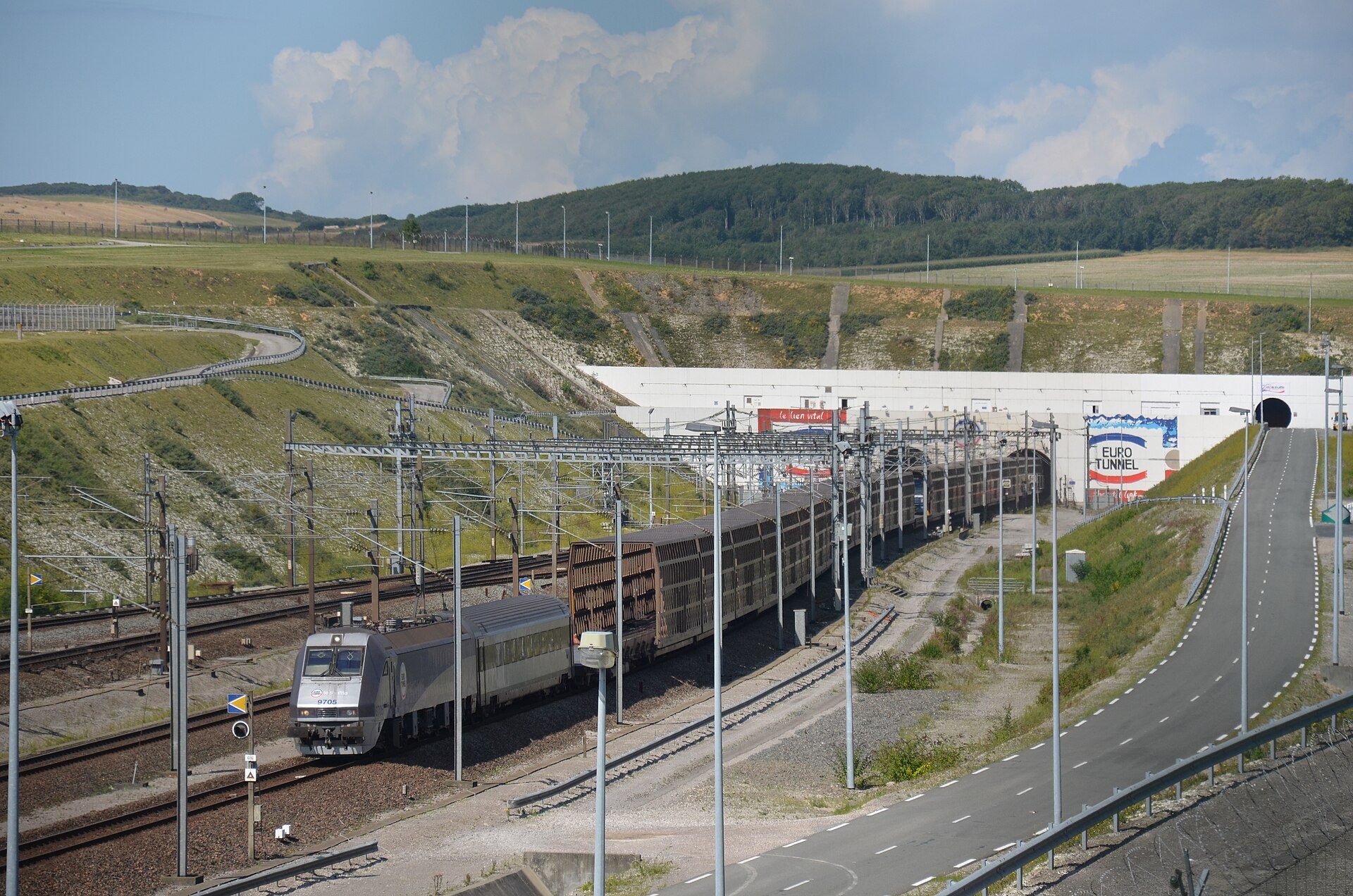 Eurotunnel Le Shuttle train exiting the Channel Tunnel at Coquelles